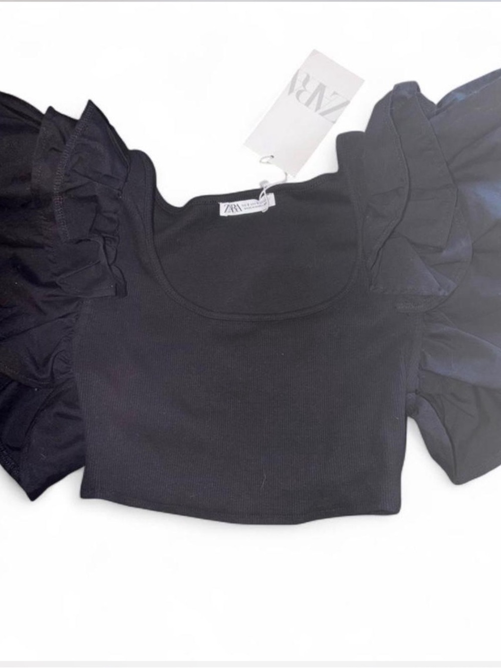 Zara Black Ribbed Crop Top with Ruffle Sleeves